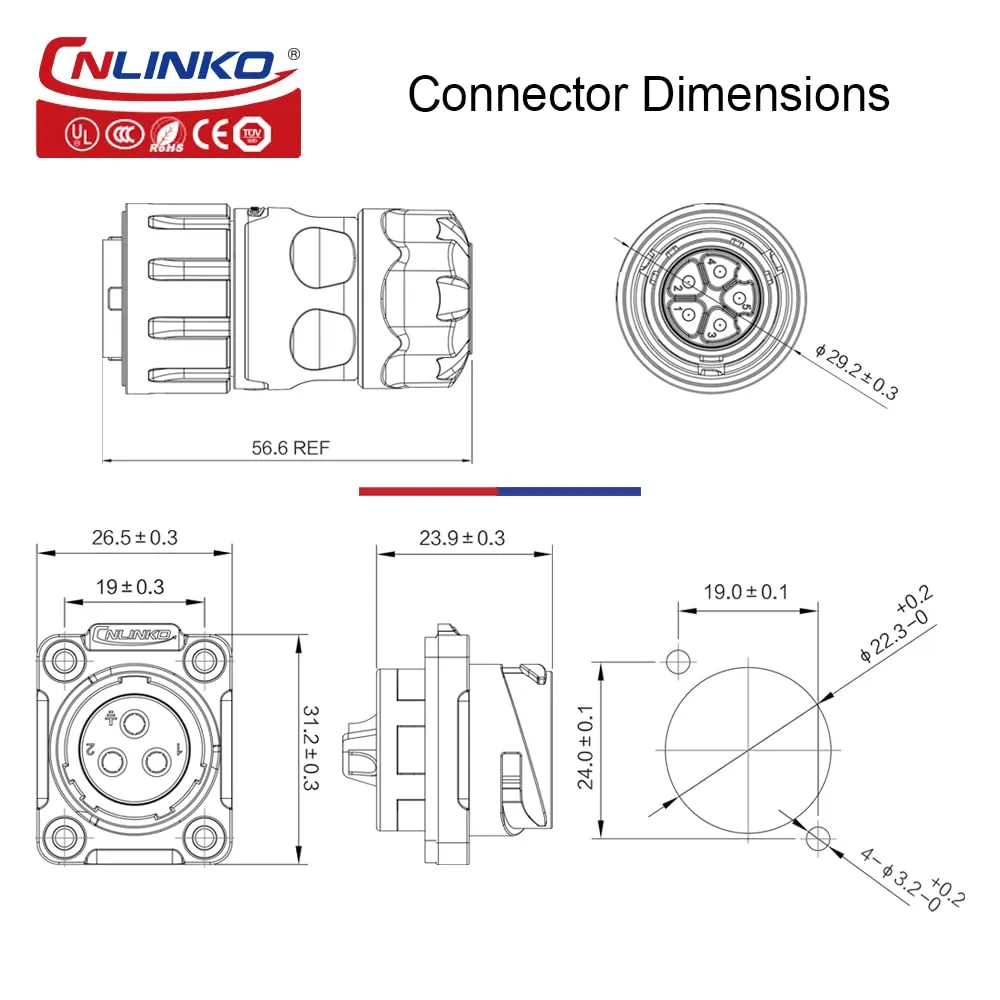 CNLINKO YM-20 Industrial Waterproof Connector IP68 Circular Connector Aviation Connector PBT Plastic Shell M20 2-12 Pin Flange Socket (4 Pin)