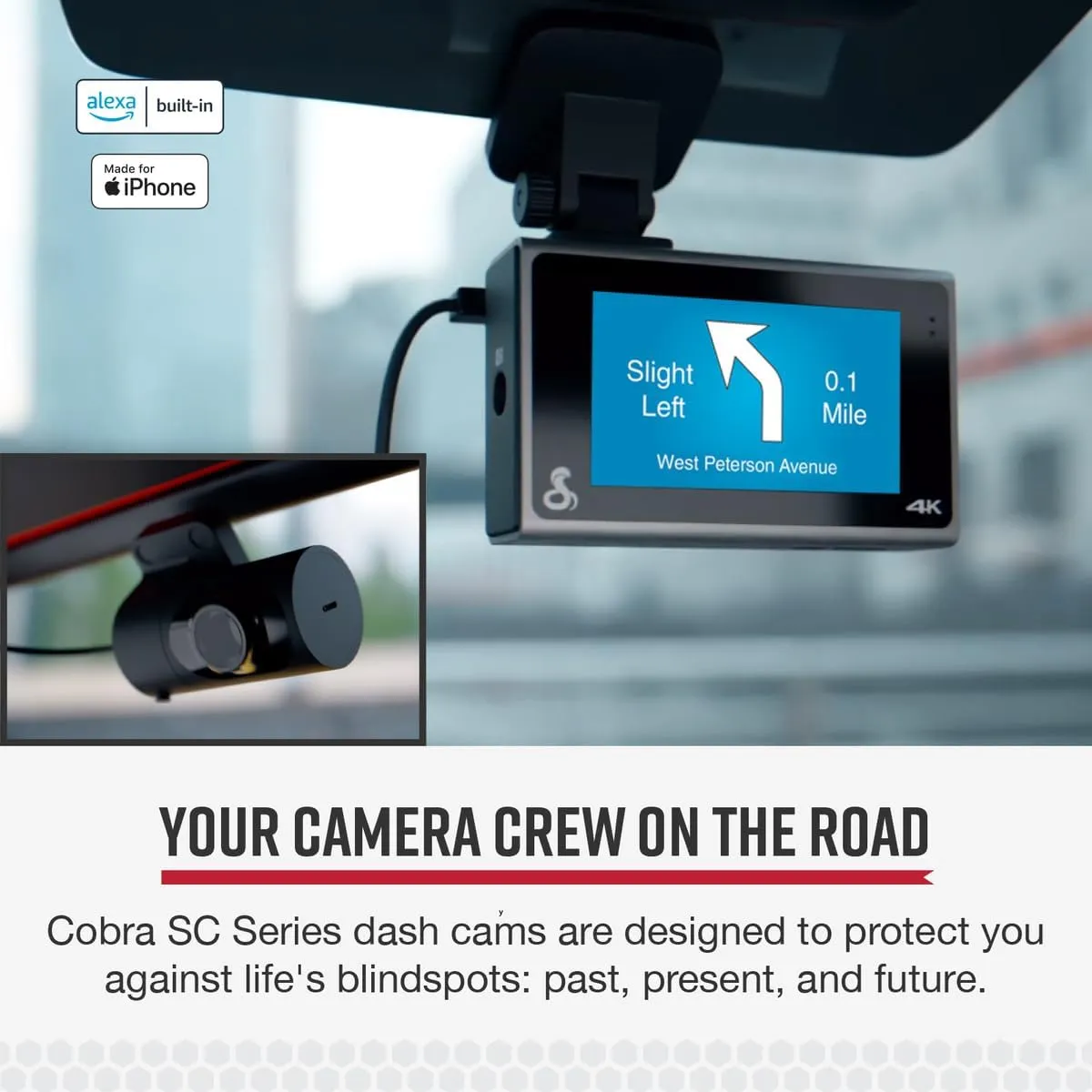 Cobra Smart Dash Cam   Rear Cam (SC 400D) – UHD 4K Resolution, Alexa Built-In, 3-Camera Capable, Live Police Alerts, Emergency Mayday, Drive Smarter App, 3" Touchscreen, Wi-Fi & GPS, 32GB SD Card Incl