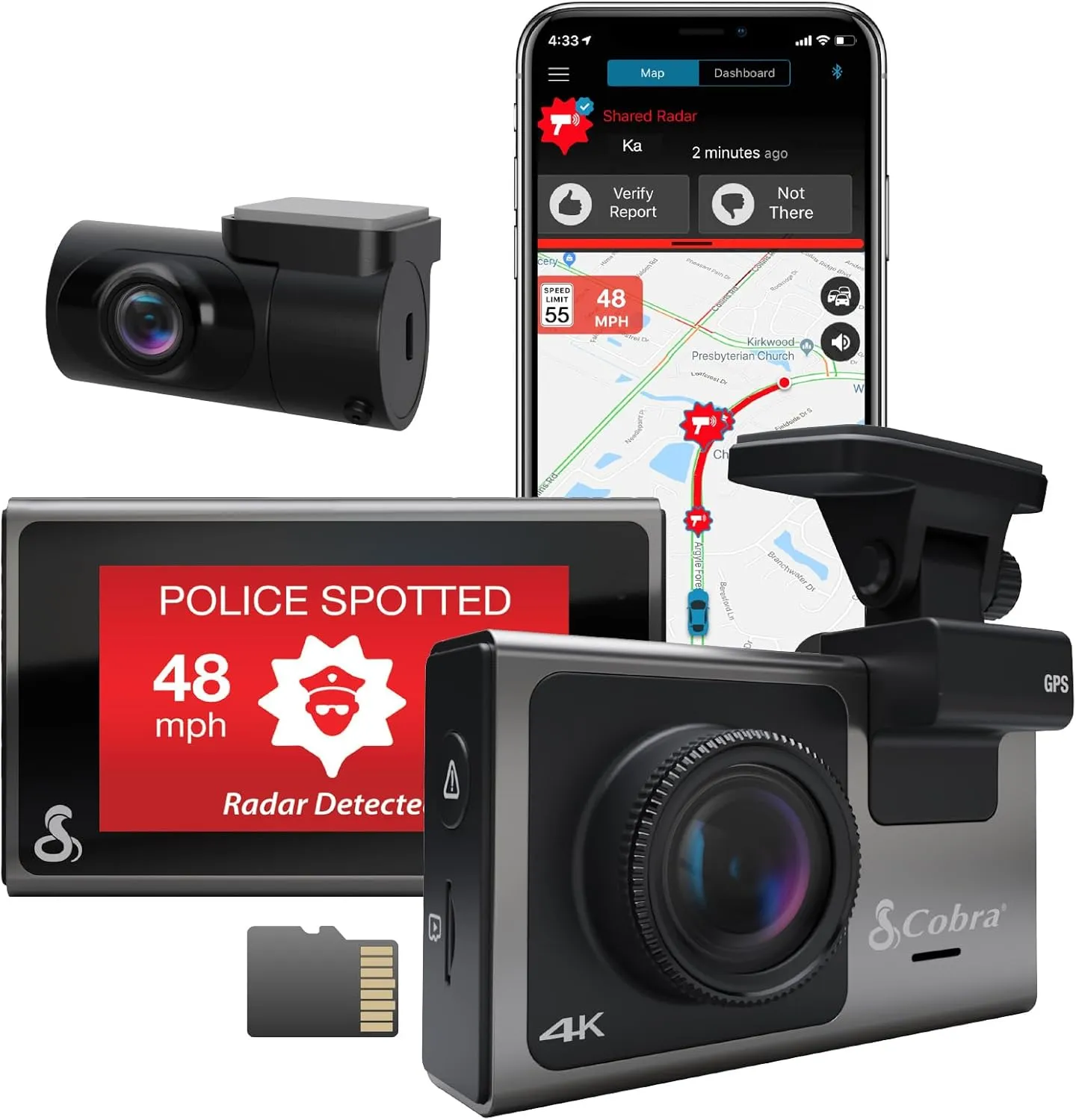 Cobra Smart Dash Cam   Rear Cam (SC 400D) – UHD 4K Resolution, Alexa Built-In, 3-Camera Capable, Live Police Alerts, Emergency Mayday, Drive Smarter App, 3" Touchscreen, Wi-Fi & GPS, 32GB SD Card Incl