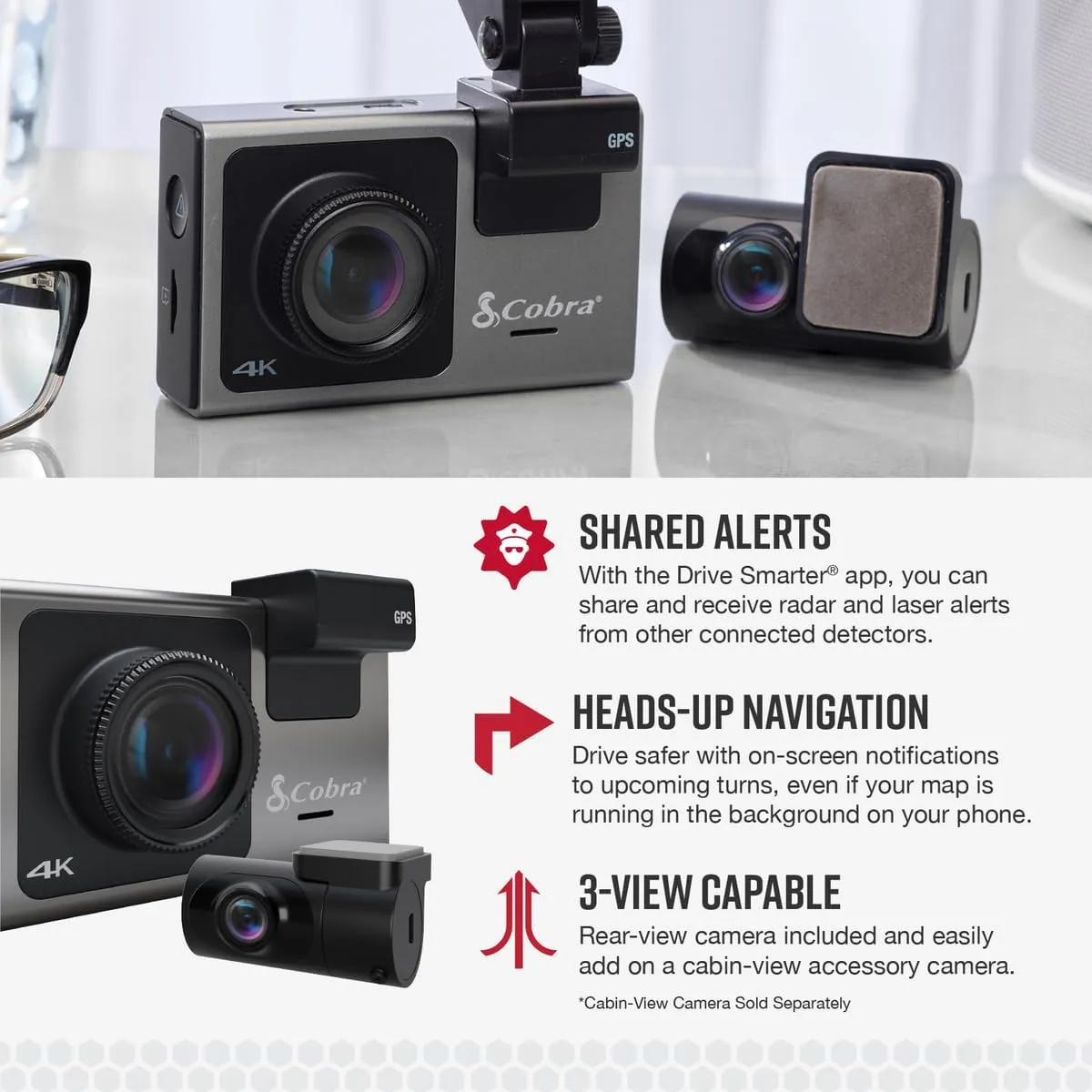 Cobra Smart Dash Cam   Rear Cam (SC 400D) – UHD 4K Resolution, Alexa Built-In, 3-Camera Capable, Live Police Alerts, Emergency Mayday, Drive Smarter App, 3" Touchscreen, Wi-Fi & GPS, 32GB SD Card Incl