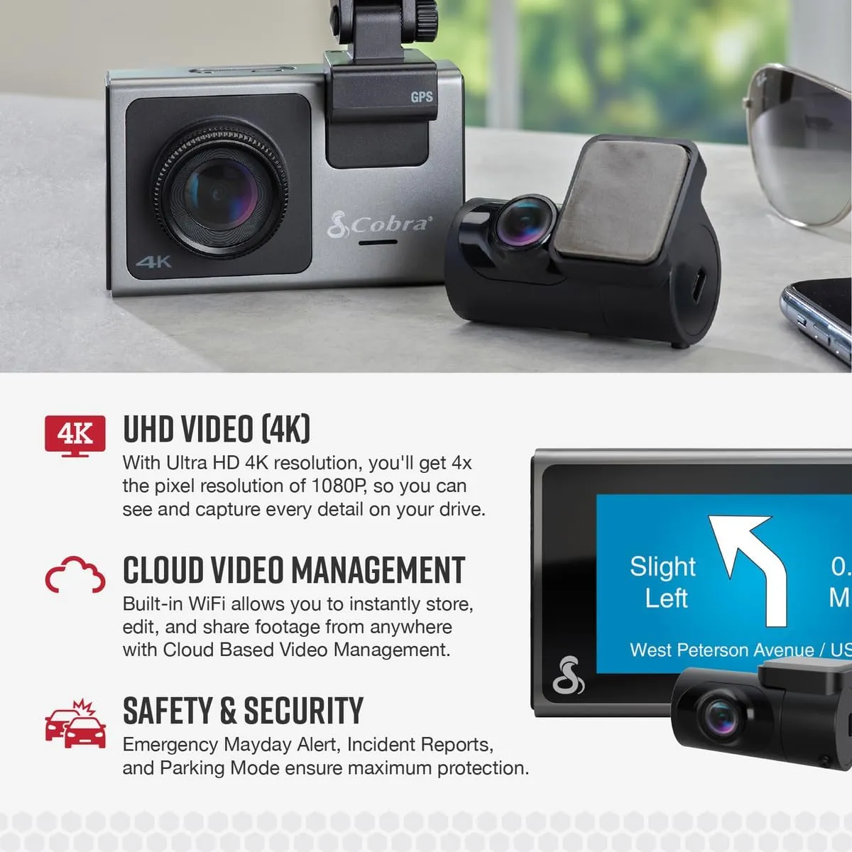 Cobra Smart Dash Cam   Rear Cam (SC 400D) – UHD 4K Resolution, Alexa Built-In, 3-Camera Capable, Live Police Alerts, Emergency Mayday, Drive Smarter App, 3" Touchscreen, Wi-Fi & GPS, 32GB SD Card Incl