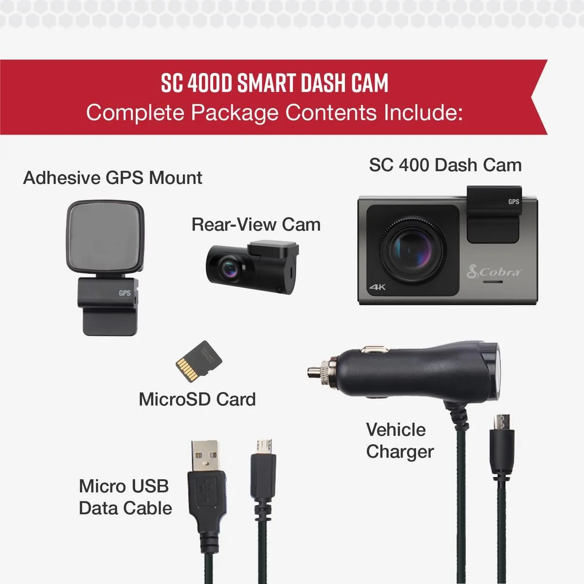 Cobra Smart Dash Cam   Rear Cam (SC 400D) – UHD 4K Resolution, Alexa Built-In, 3-Camera Capable, Live Police Alerts, Emergency Mayday, Drive Smarter App, 3" Touchscreen, Wi-Fi & GPS, 32GB SD Card Incl