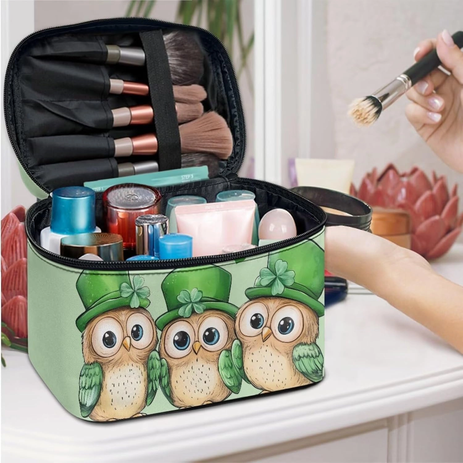 COEQINE 3 Pieces Makeup Bag Set For Women Cute Patty'S Day Owl Portable Makeup Bag for Purse With Compartment Big Makeup Bag Cosmetic Case Leather Coin Purse With Zipper