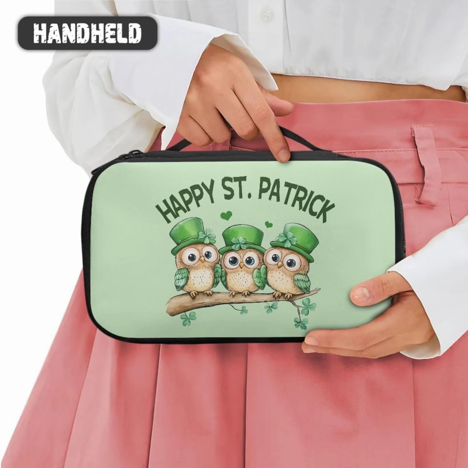COEQINE 3 Pieces Makeup Bag Set For Women Cute Patty'S Day Owl Portable Makeup Bag for Purse With Compartment Big Makeup Bag Cosmetic Case Leather Coin Purse With Zipper