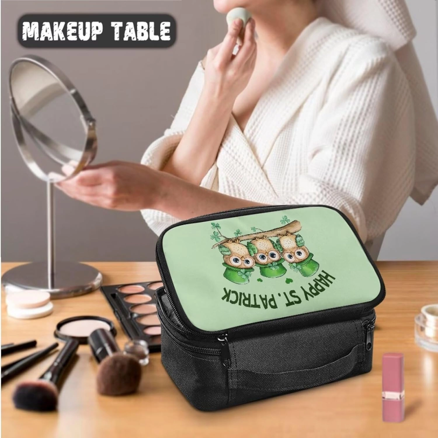 COEQINE 3 Pieces Makeup Bag Set For Women Cute Patty'S Day Owl Portable Makeup Bag for Purse With Compartment Big Makeup Bag Cosmetic Case Leather Coin Purse With Zipper