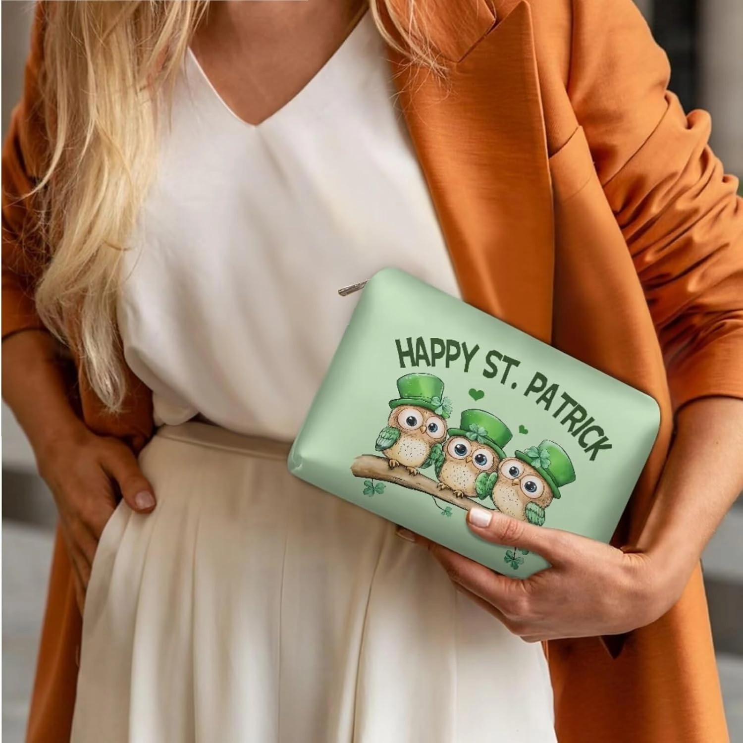 COEQINE 3 Pieces Makeup Bag Set For Women Cute Patty'S Day Owl Portable Makeup Bag for Purse With Compartment Big Makeup Bag Cosmetic Case Leather Coin Purse With Zipper
