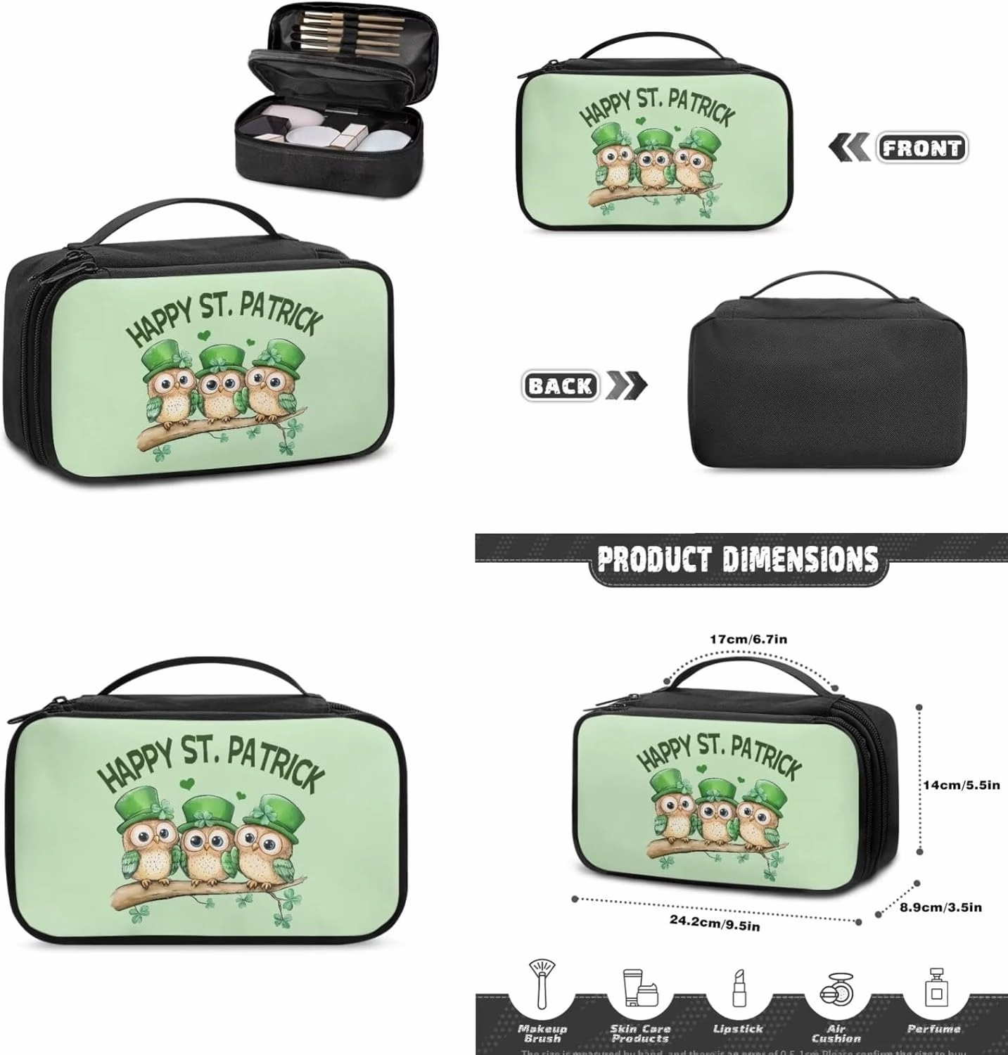 COEQINE 3 Pieces Makeup Bag Set For Women Cute Patty'S Day Owl Portable Makeup Bag for Purse With Compartment Big Makeup Bag Cosmetic Case Leather Coin Purse With Zipper