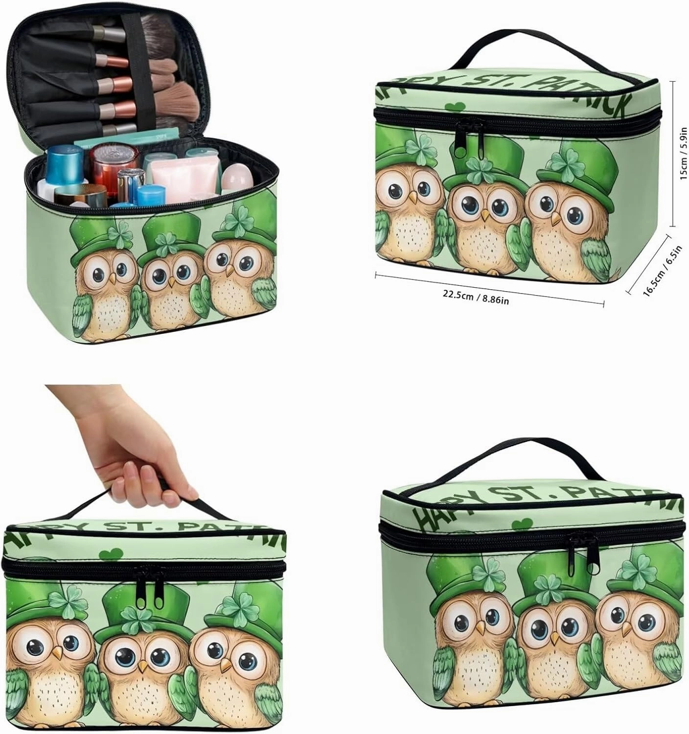 COEQINE 3 Pieces Makeup Bag Set For Women Cute Patty'S Day Owl Portable Makeup Bag for Purse With Compartment Big Makeup Bag Cosmetic Case Leather Coin Purse With Zipper