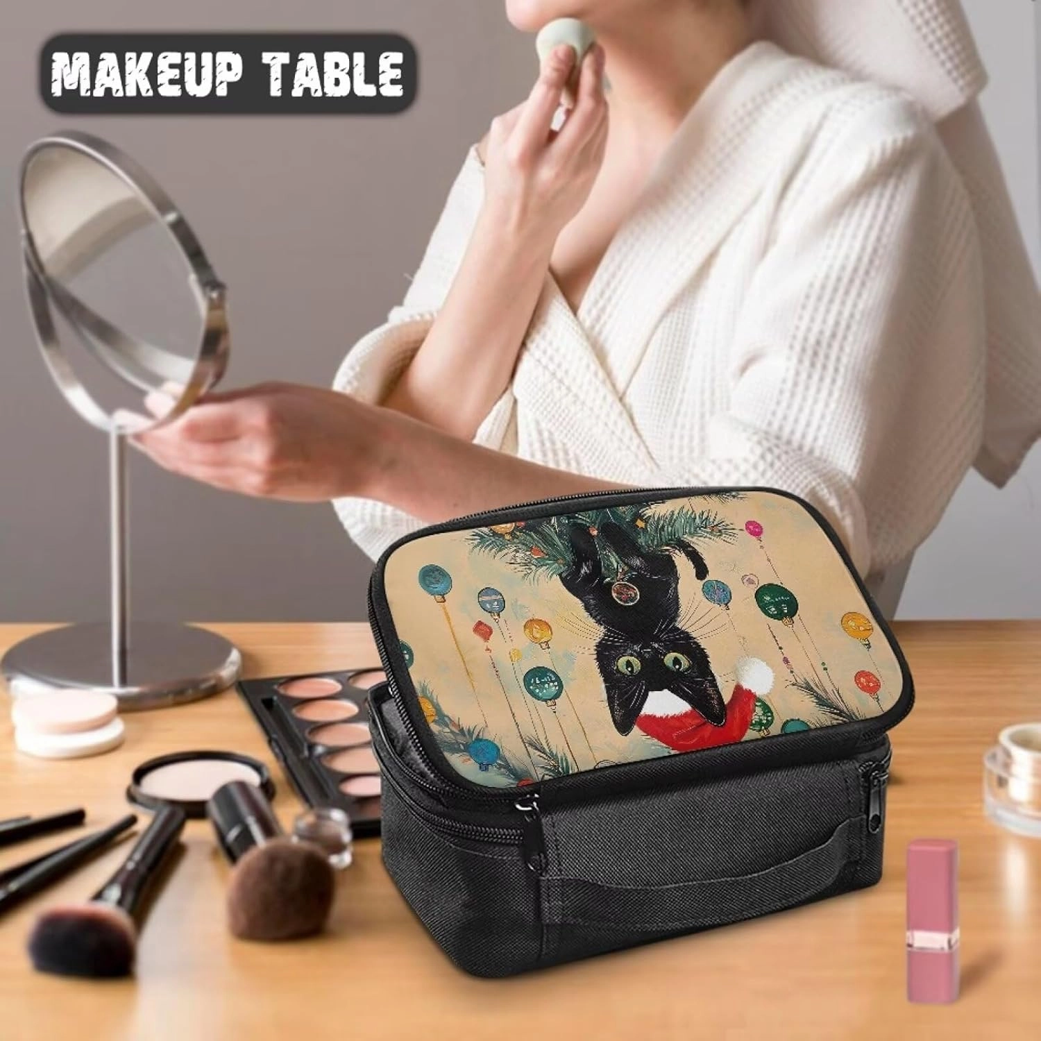 COEQINE Large Makeup Bags For Wome Travel Christmas Themed Cute Travel Cosmetic Pouch Purse Car Essentials For Women,Travel Essentials Organizers Douable Layer Lipstick Holder Handbag Purse,Christmas