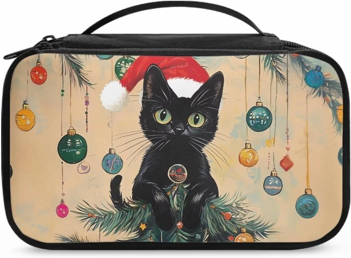 COEQINE Large Makeup Bags For Wome Travel Christmas Themed Cute Travel Cosmetic Pouch Purse Car Essentials For Women,Travel Essentials Organizers Douable Layer Lipstick Holder Handbag Purse,Christmas