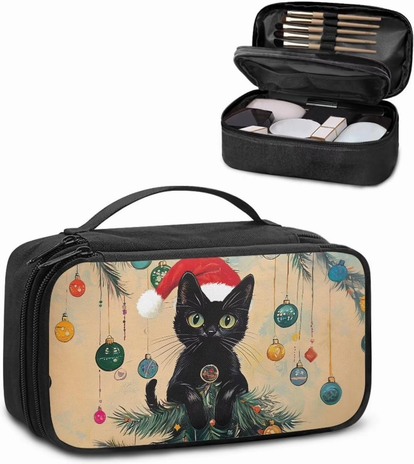 COEQINE Large Makeup Bags For Wome Travel Christmas Themed Cute Travel Cosmetic Pouch Purse Car Essentials For Women,Travel Essentials Organizers Douable Layer Lipstick Holder Handbag Purse,Christmas