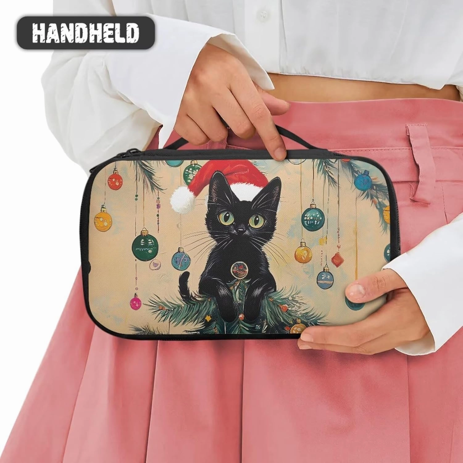 COEQINE Large Makeup Bags For Wome Travel Christmas Themed Cute Travel Cosmetic Pouch Purse Car Essentials For Women,Travel Essentials Organizers Douable Layer Lipstick Holder Handbag Purse,Christmas