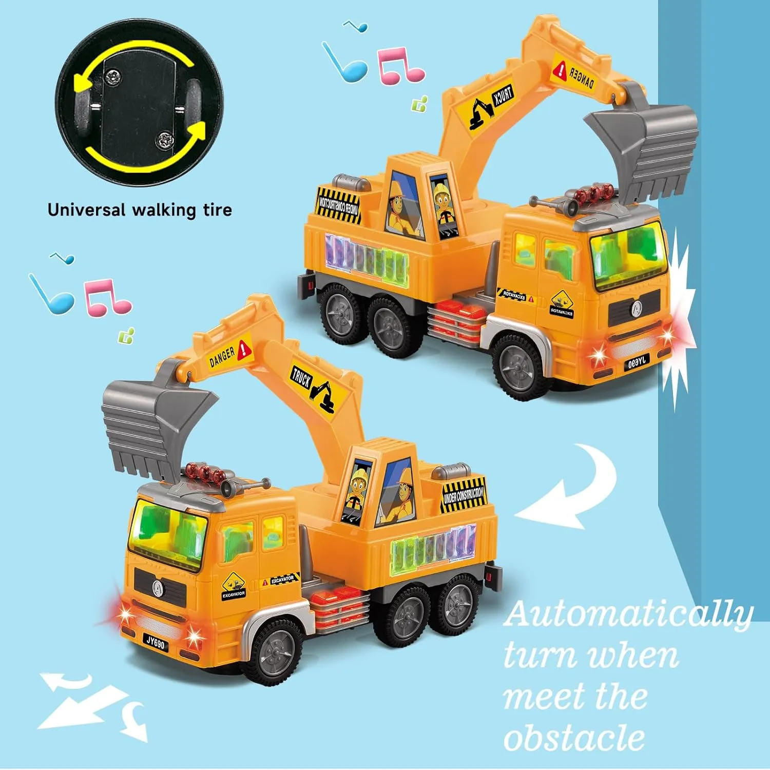 Construction Excavator Truck Toys, Toy Cars for Toddlers Boys 1-3 4-7 Christmas Birthday Gifts, Truck Car Toys with 4D Lights & Music- Automatic Bump Go