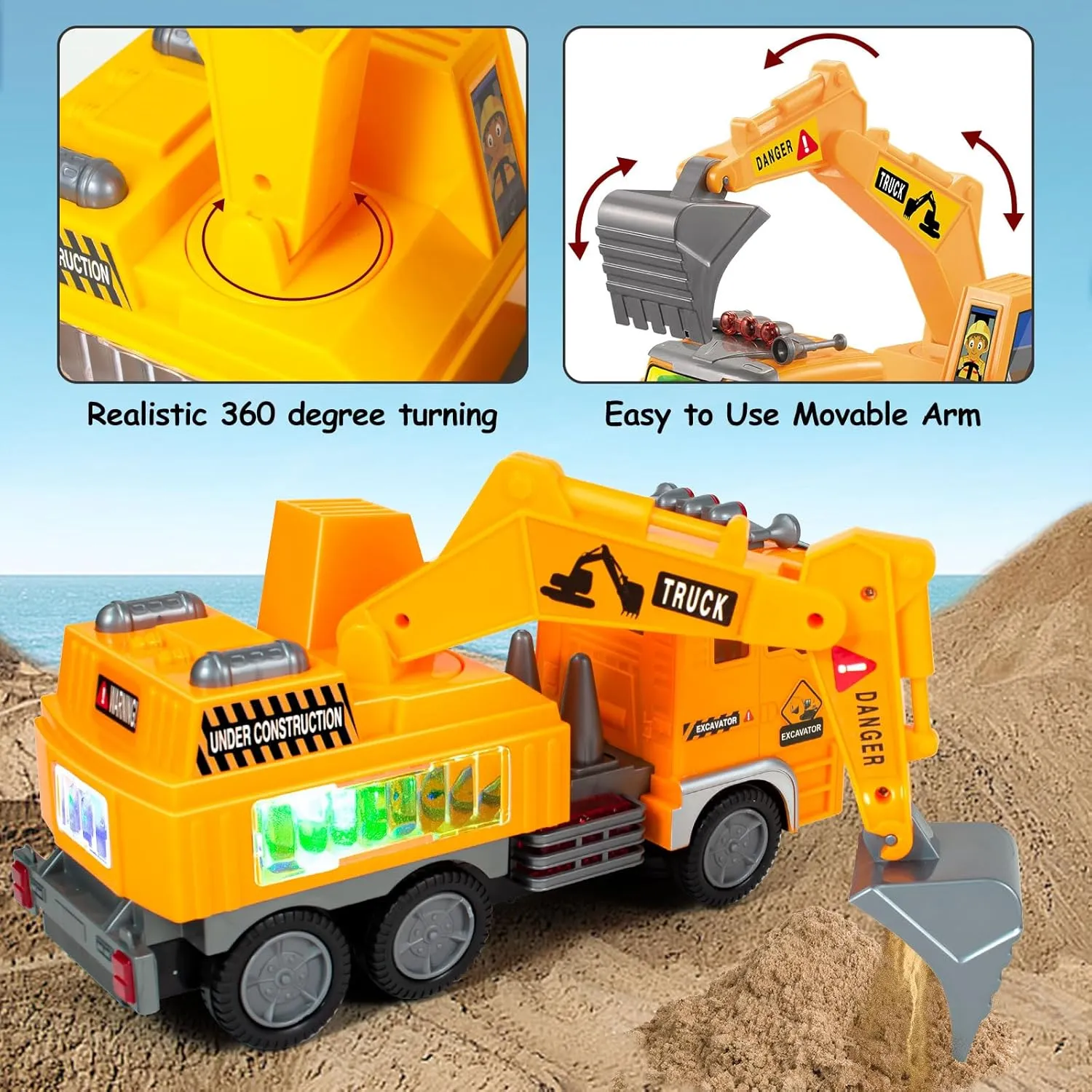 Construction Excavator Truck Toys, Toy Cars for Toddlers Boys 1-3 4-7 Christmas Birthday Gifts, Truck Car Toys with 4D Lights & Music- Automatic Bump Go