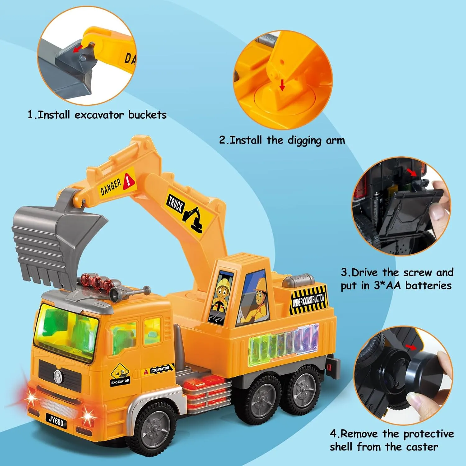 Construction Excavator Truck Toys, Toy Cars for Toddlers Boys 1-3 4-7 Christmas Birthday Gifts, Truck Car Toys with 4D Lights & Music- Automatic Bump Go