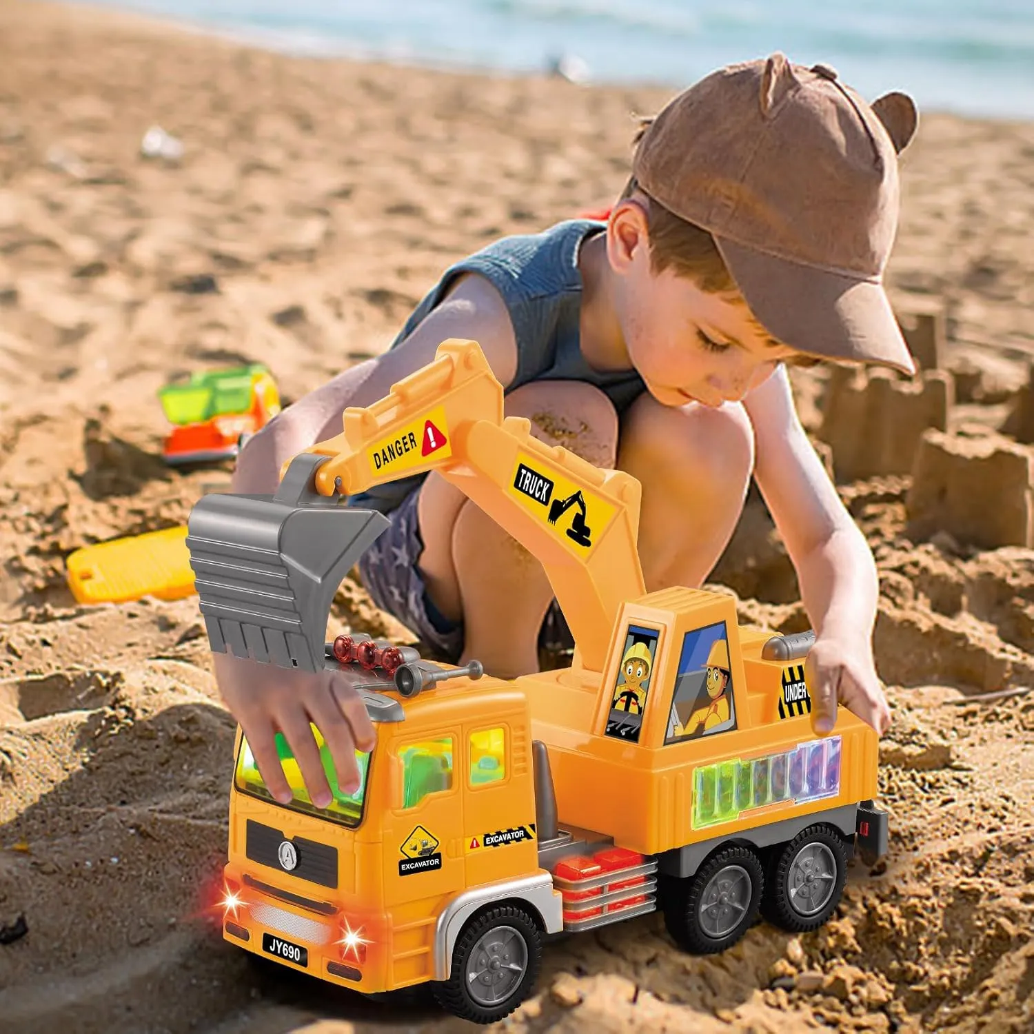 Construction Excavator Truck Toys, Toy Cars for Toddlers Boys 1-3 4-7 Christmas Birthday Gifts, Truck Car Toys with 4D Lights & Music- Automatic Bump Go