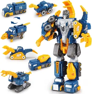 Construction Trucks Toy Dinosaur Vehicles Magnetic Set, 5-in-1 Educational STEM Building Car Kit, Transform to Big Robot, Holiday Birthday Present for Toddler Kid 3 4 5 6 7 Year Old Boys Girls