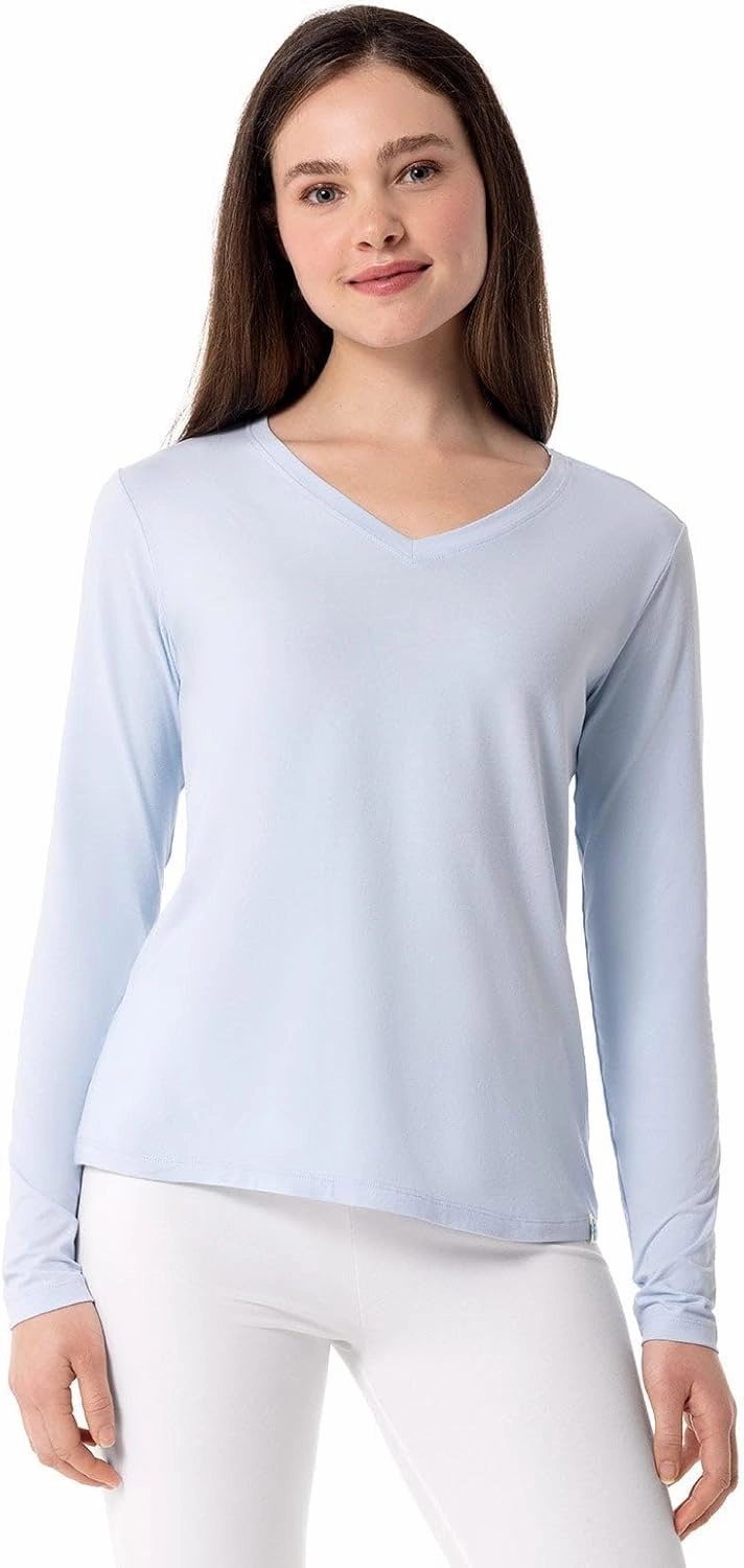 Coolibar UPF 50  Women's Morada Everyday Long Sleeve Deep V-Neck T-Shirt - Sun Protective (X-Large- Skyride)