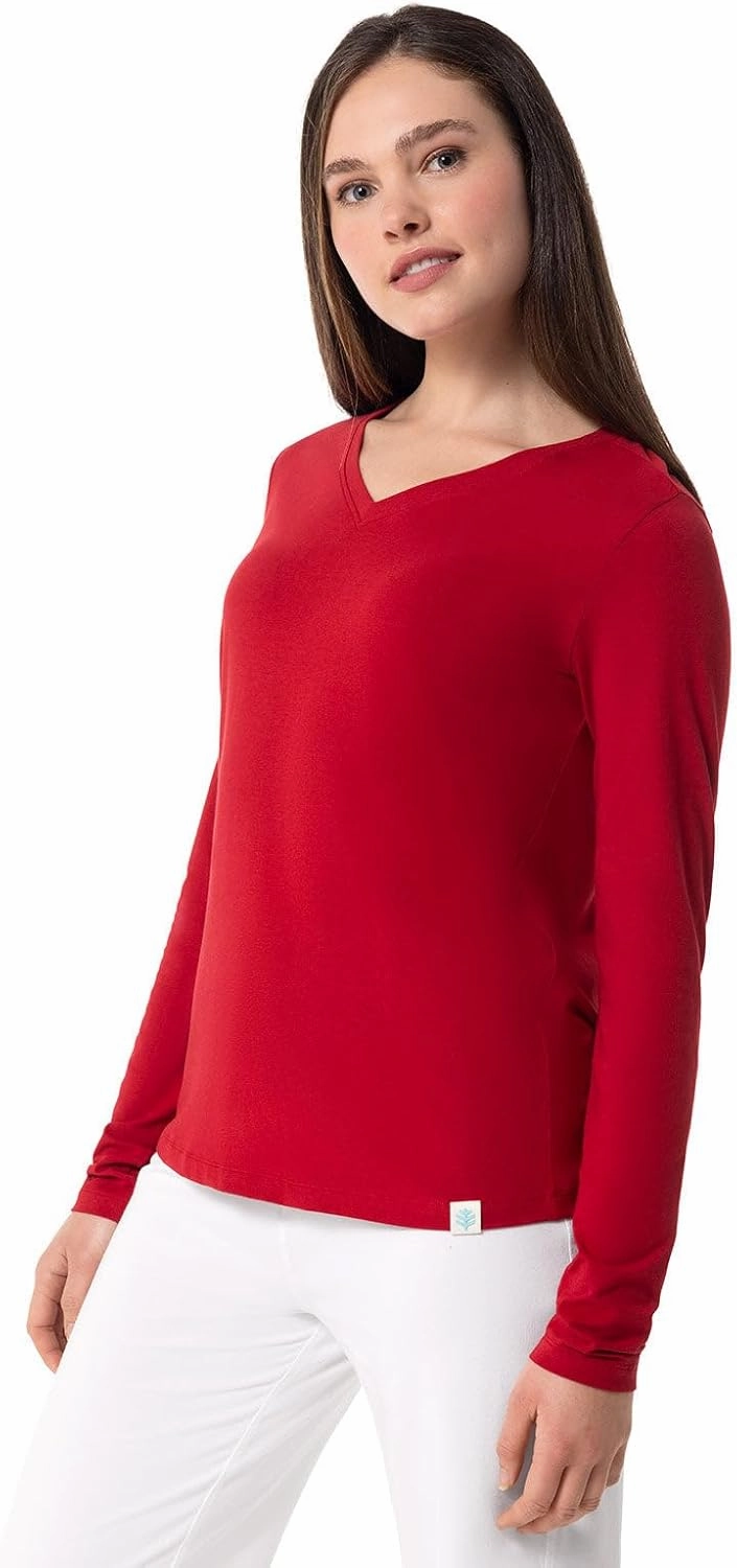 Coolibar UPF 50  Women's Morada Everyday Long Sleeve Deep V-Neck T-Shirt - Sun Protective (X-Small- Cherry)