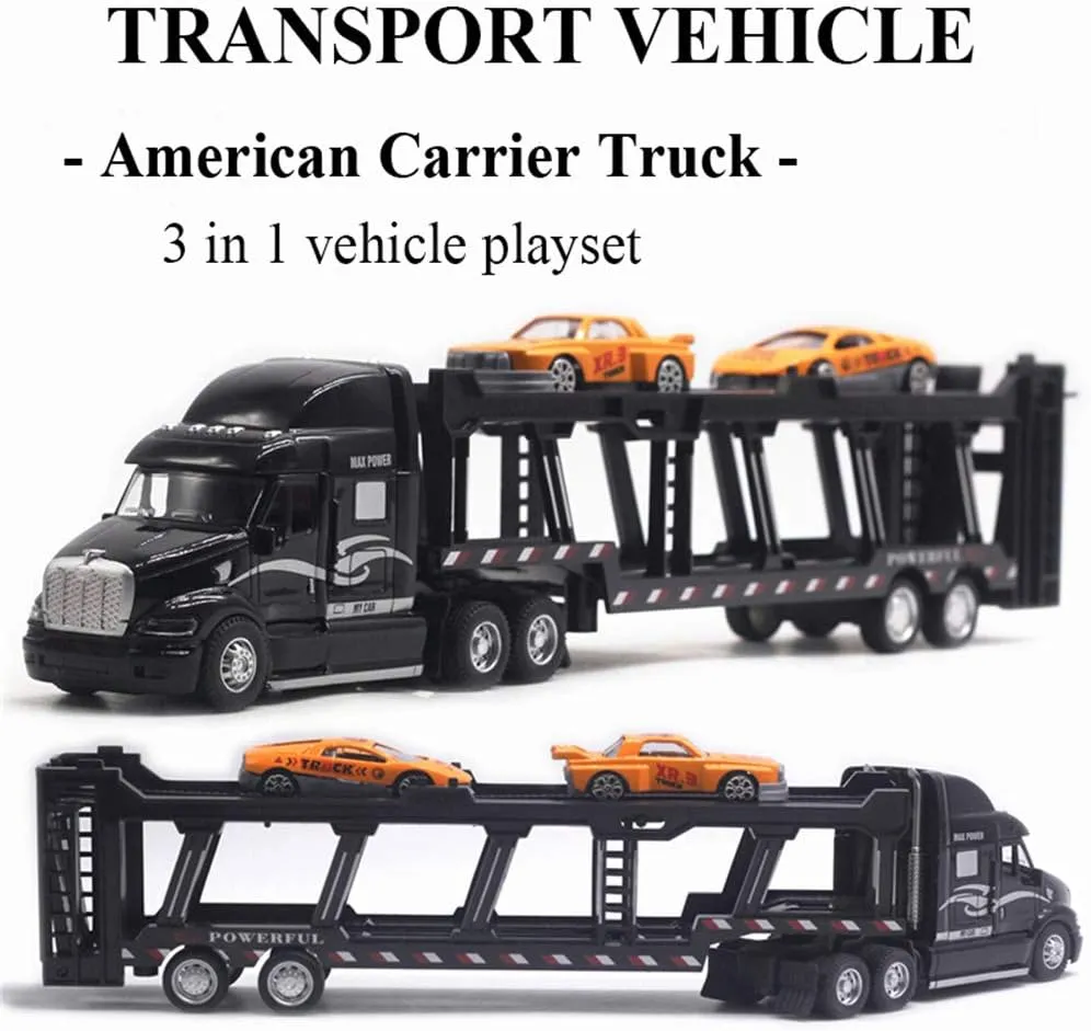 CORPER TOYS Transport Car Carrier Truck Toy Detachable Die-cast Pull Back Play Vehicles Car Set for Kids with Lights and Sounds Sets of 3 Black