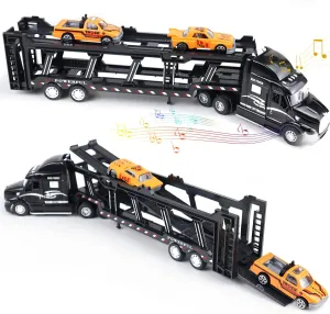 CORPER TOYS Transport Car Carrier Truck Toy Detachable Die-cast Pull Back Play Vehicles Car Set for Kids with Lights and Sounds Sets of 3 Black
