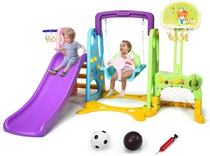 Costzon 6 in 1 Toddler Slide and Swing Set, Kids Large Climber Slide Playset with Basketball Hoop and Football Gate, Playground Swing Set for Indoor Outdoor Backyard 3-10 Gifts Presents