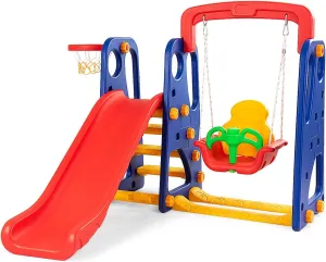 Costzon Toddler Long Slide Set, 3-in-1 Large Climber Playset w/Basketball Hoop, Stairs, Thickened Panel, Playground Swing for Indoor Outdoor Backyard 3-10 Gifts Presents