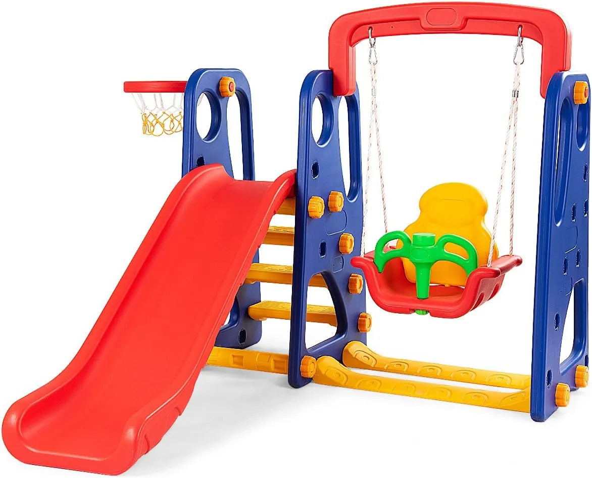 Costzon Toddler Long Slide Set, 3-in-1 Large Climber Playset w/Basketball Hoop, Stairs, Thickened Panel, Playground Swing for Indoor Outdoor Backyard 3-10 Gifts Presents