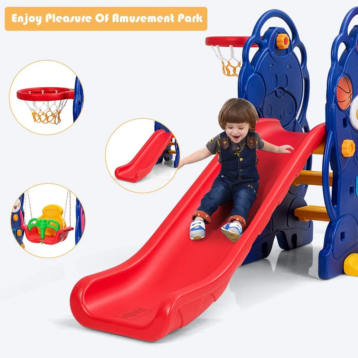 Costzon Toddler Swing and Slide Set, 3-in-1 Large Climber Slide Playset w/Basketball Hoop, Long Slide, Stairs, Thickened Panel, Playground Swing Set for Indoor Outdoor Backyard 3-10 Gifts Presents