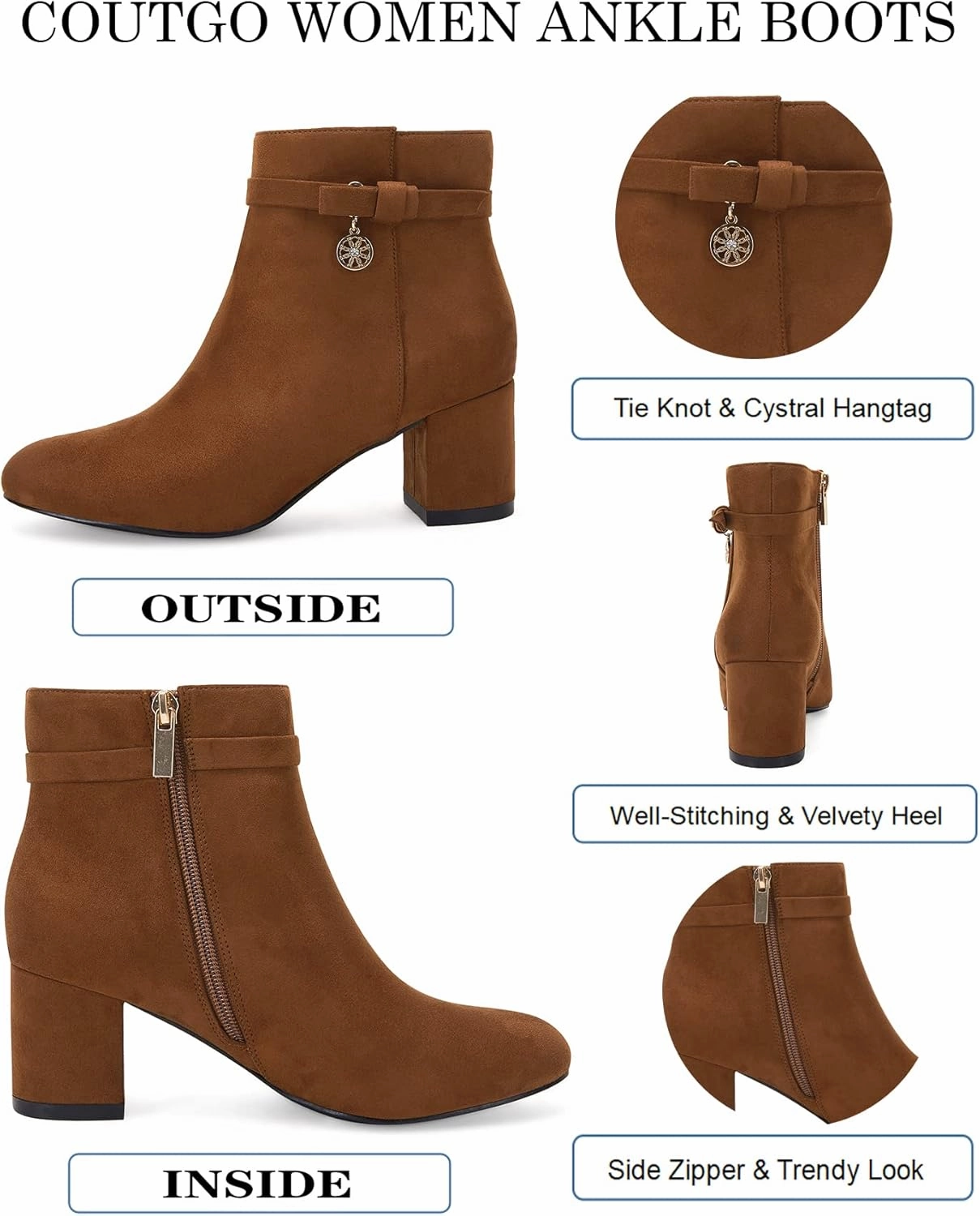 Coutgo Women's Ankle Boots Chunky Block Low Heel Vintage Tie Knot Booties Shoes with Side Zipper