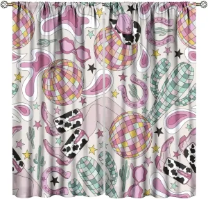 Cowgirl Curtains Cactus Disco Ball American Western Country Cartoon Style Cute Pink Cowboy Art Printed Decor Window Treatment for Kids Bedroom Kitchen Cafe Home Decor Window Drapes 42"W X 45"L