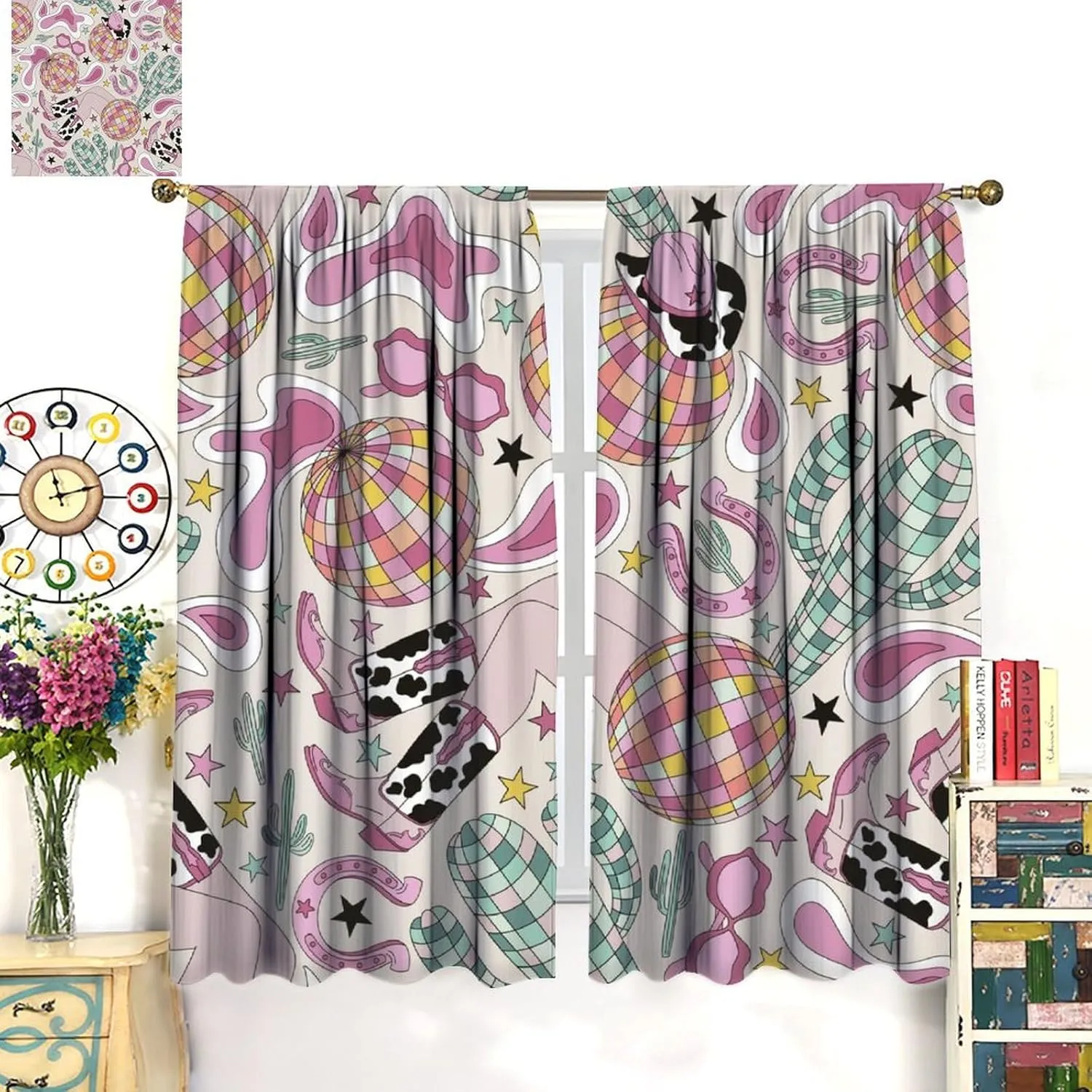 Cowgirl Curtains Cactus Disco Ball American Western Country Cartoon Style Cute Pink Cowboy Art Printed Decor Window Treatment for Kids Bedroom Kitchen Cafe Home Decor Window Drapes 42"W X 45"L