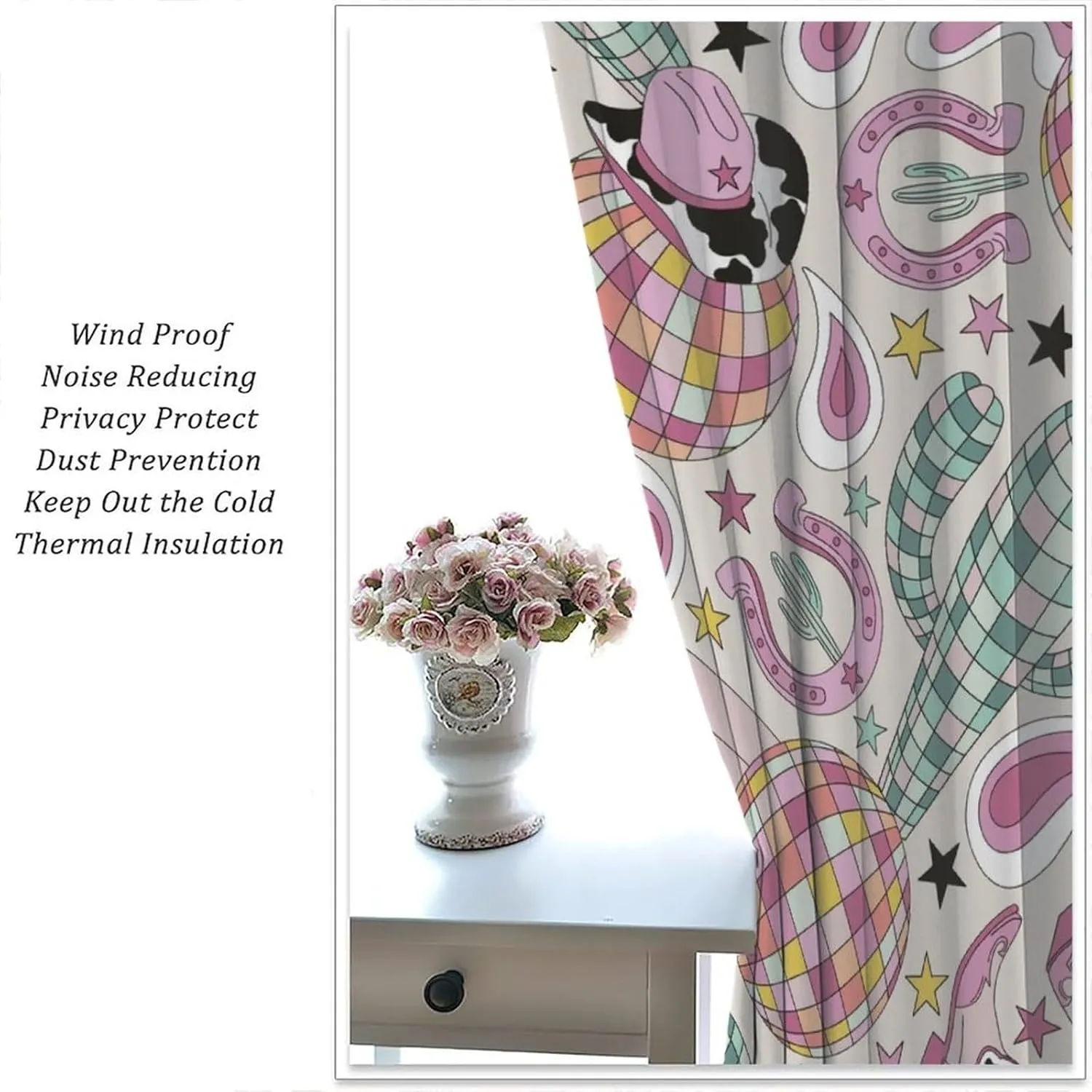 Cowgirl Curtains Cactus Disco Ball American Western Country Cartoon Style Cute Pink Cowboy Art Printed Decor Window Treatment for Kids Bedroom Kitchen Cafe Home Decor Window Drapes 42"W X 45"L