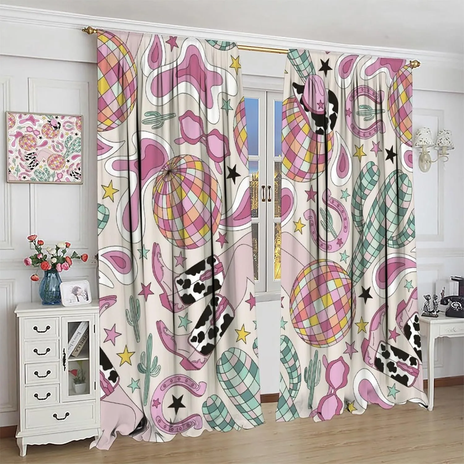 Cowgirl Curtains Cactus Disco Ball American Western Country Cartoon Style Cute Pink Cowboy Art Printed Decor Window Treatment for Kids Bedroom Kitchen Cafe Home Decor Window Drapes 42"W X 45"L