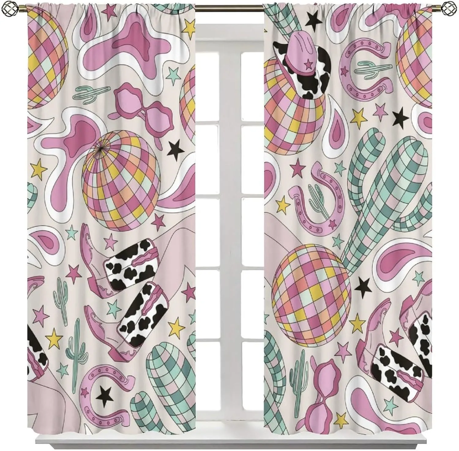 Cowgirl Curtains Cactus Disco Ball American Western Country Cartoon Style Cute Pink Cowboy Art Printed Decor Window Treatment for Kids Bedroom Kitchen Cafe Home Decor Window Drapes 42"W X 45"L