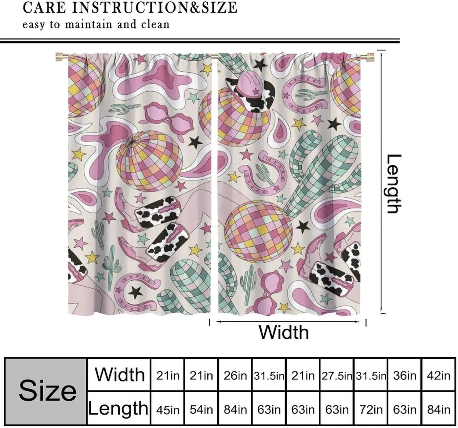 Cowgirl Curtains Cactus Disco Ball American Western Country Cartoon Style Cute Pink Cowboy Art Printed Decor Window Treatment for Kids Bedroom Kitchen Cafe Home Decor Window Drapes 42"W X 45"L