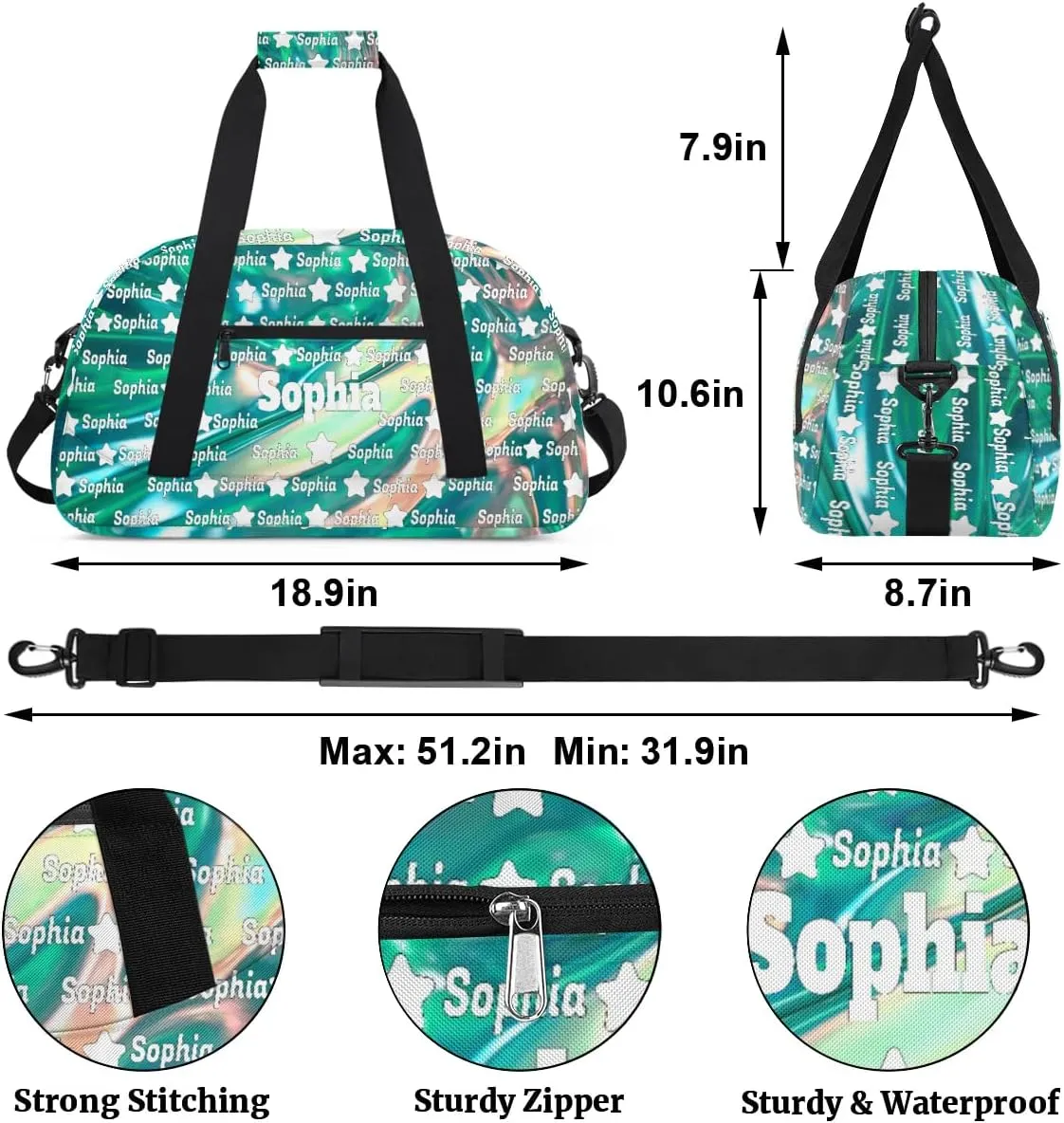 Custom Ballet Dance Bag for Girls Sports Bag, Personalized Travel Bag Overnight Duffel Bag Gymnastics Swimming Sleepover Overnight Sports Bag, Bright Green, Full Name on Bag
