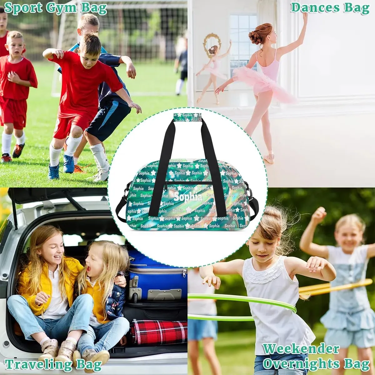 Custom Ballet Dance Bag for Girls Sports Bag, Personalized Travel Bag Overnight Duffel Bag Gymnastics Swimming Sleepover Overnight Sports Bag, Bright Green, Full Name on Bag