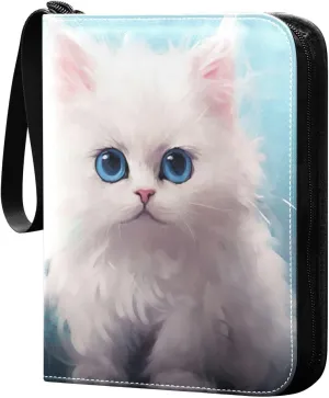 Cute Fluffy Cat Card Binder 4-Pocket, 400 Pockets Card Holder with 50 Removable Sleeves and Zipper for Games Baseball Football Sports Card