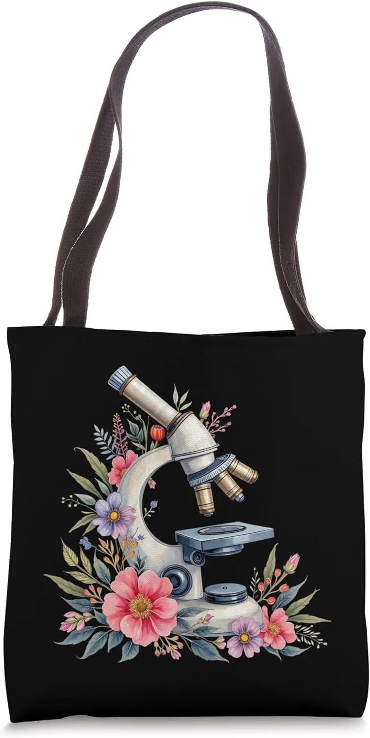 Cute Microscope with Blooming Flowers, Floral Lab Equipment Tote Bag