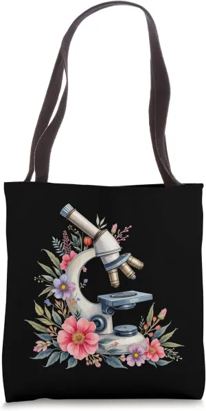 Cute Microscope with Blooming Flowers, Floral Lab Equipment Tote Bag