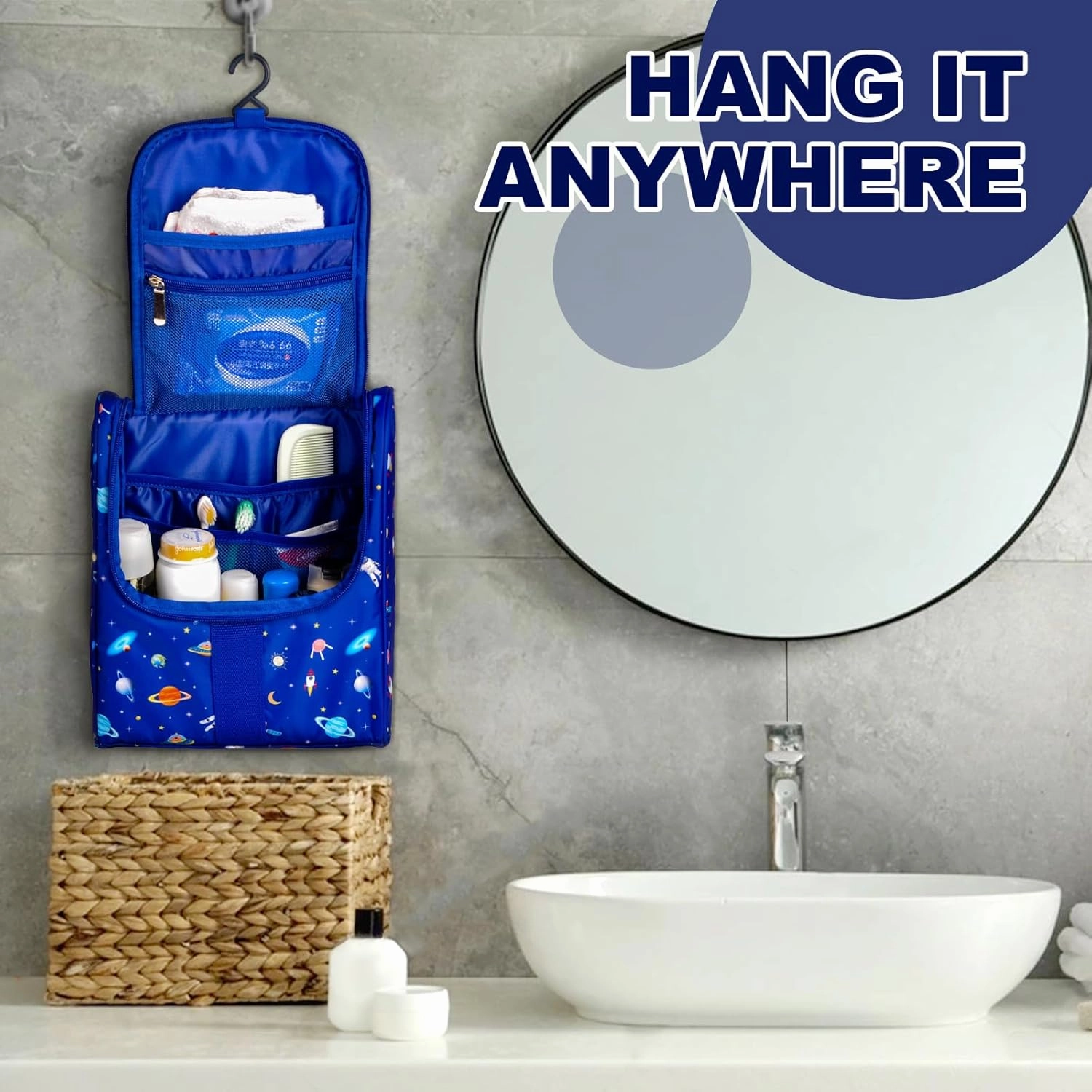 Cute Cartoon Hanging Kids Toiletry Bag Children Travel Cosmetic Makeup Organizer Wash Bag Shower bag Over Night Bag Camping Shaving Kit Bag for Boys & Girls (Astronaut)