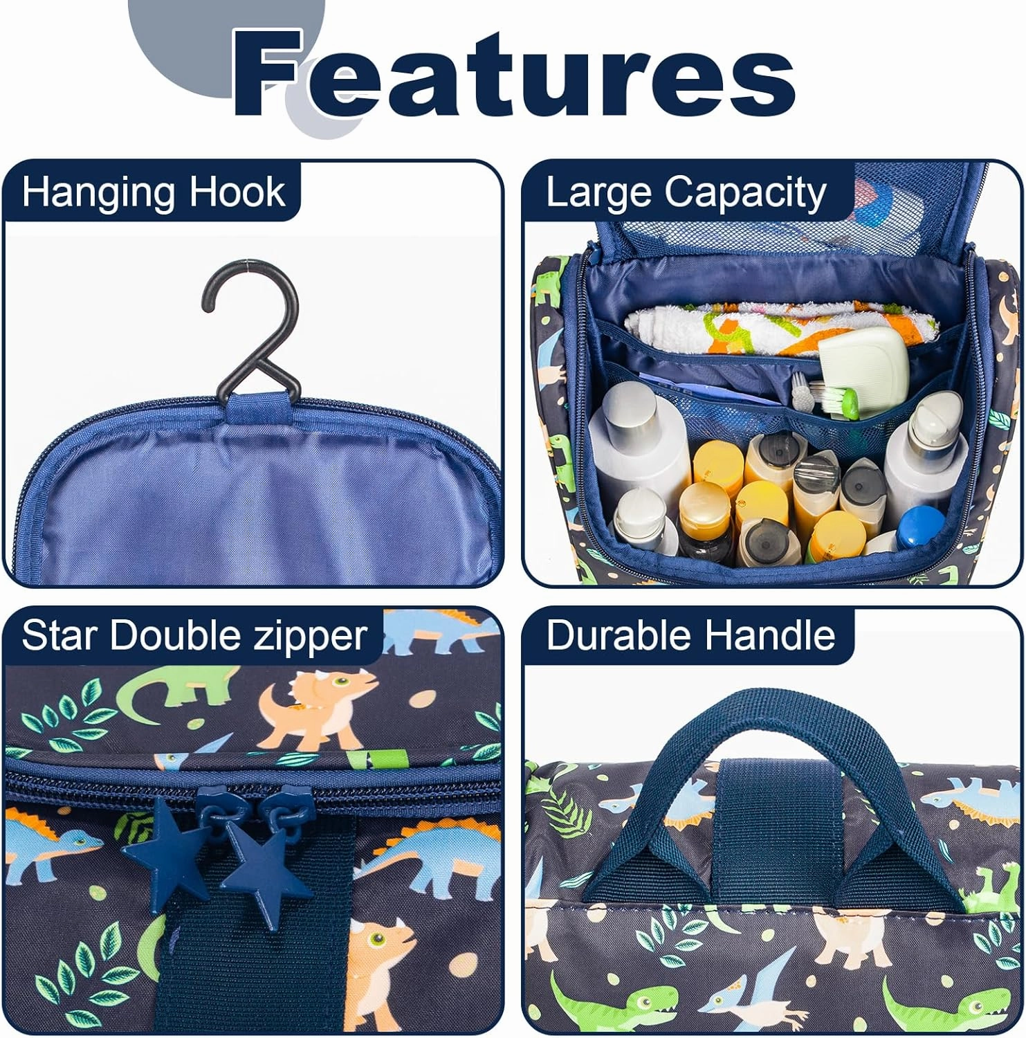 Cute Cartoon Hanging Kids Toiletry Bag Children Travel Cosmetic Makeup Organizer Wash Bag Shower bag Over Night Bag Camping Shaving Kit Bag for Boys & Girls (Dinosaurs)