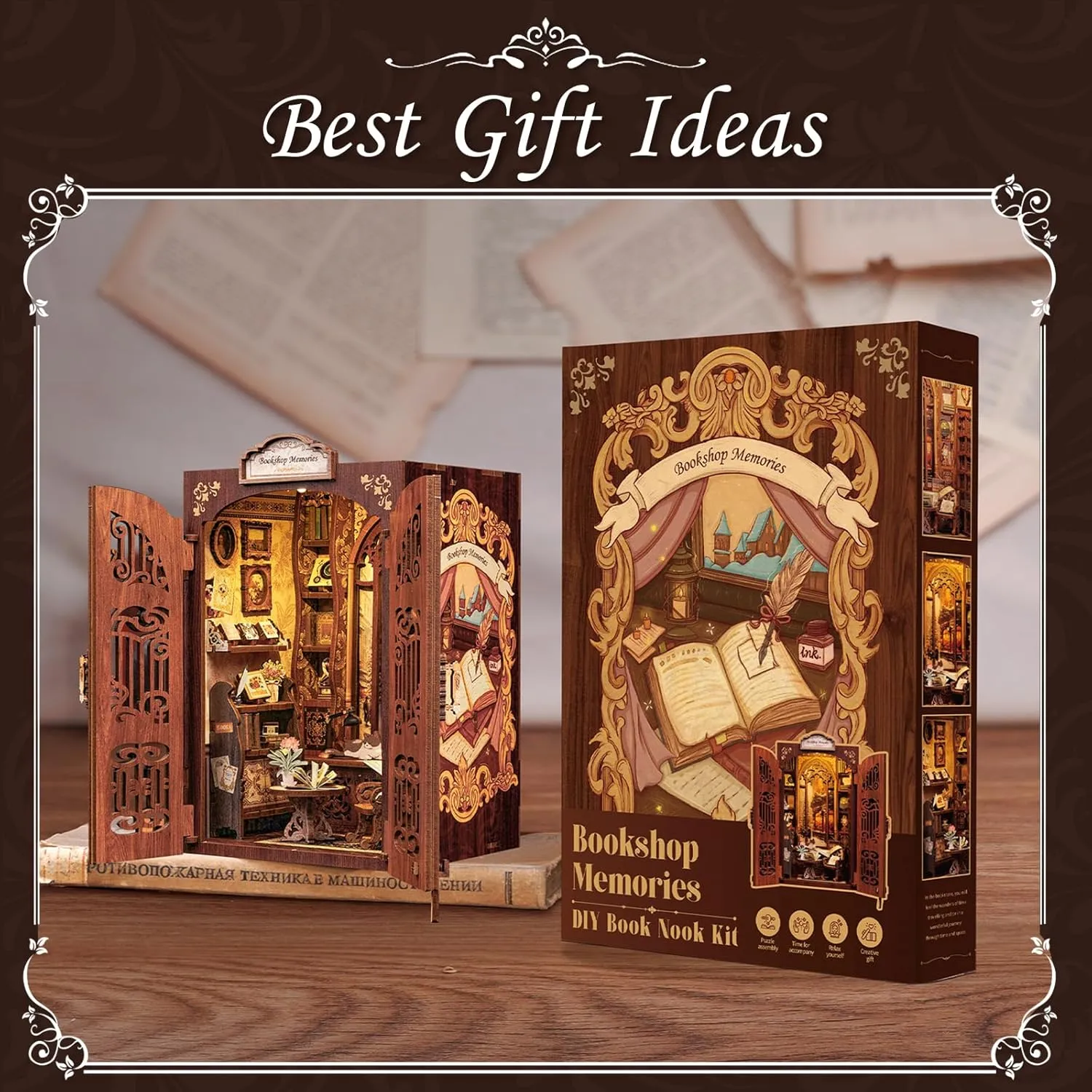CUTEBEE Book Nook Kit - DIY Miniature House Dollhouse Kit for Adult and Teens, Booknook Bookshelf Decor Alley Model Build with LED Light, Gifts for Family and Friends