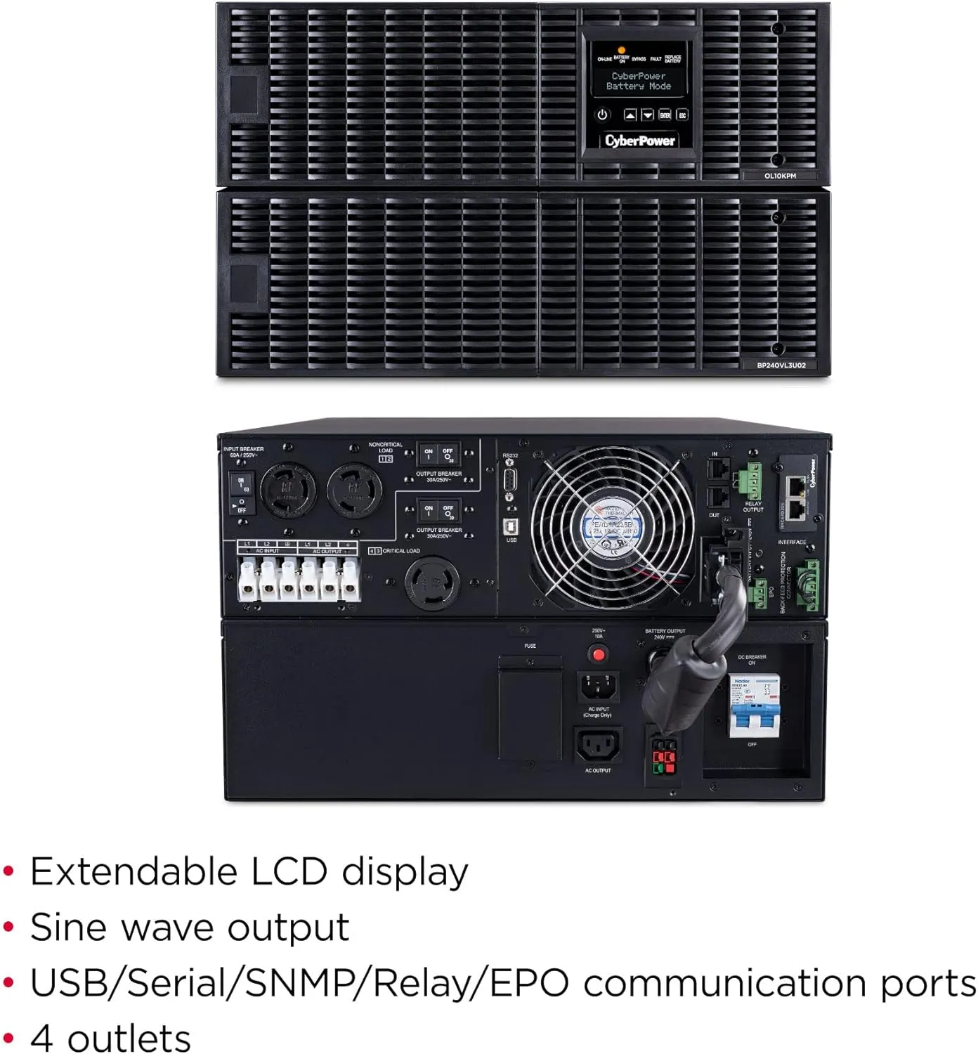 CyberPower OL10KRT Smart App Online UPS System, 10000VA/10000W, Double Conversion Topology, 4 Outlets, 6U Rack/Tower, EBM Option, RMCARD205 Pre-Installed