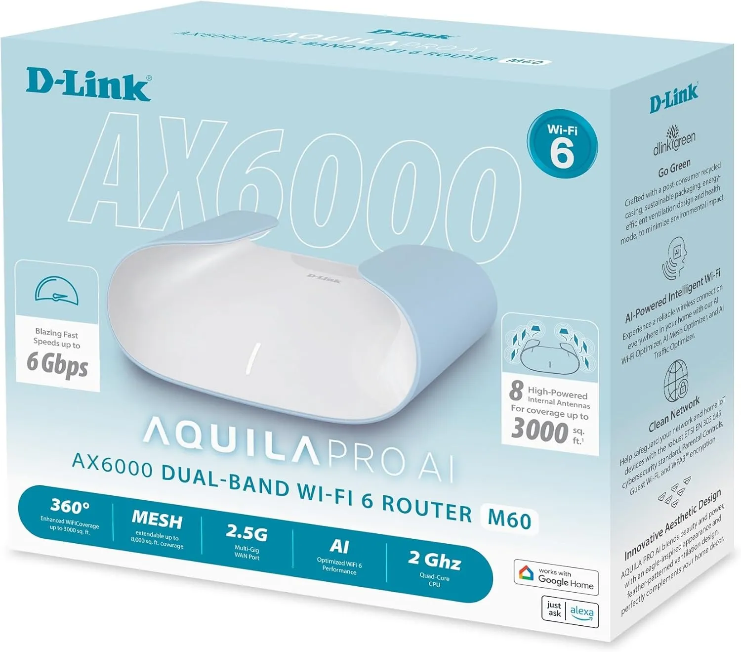 D-Link AX6000 WiFi 6 Mesh Router | Contemporary Design | High-Performance | Feature Rich | AI Enabled | Parental Controls | Covers up to 3000  sq. ft | Expandable Mesh (M60)