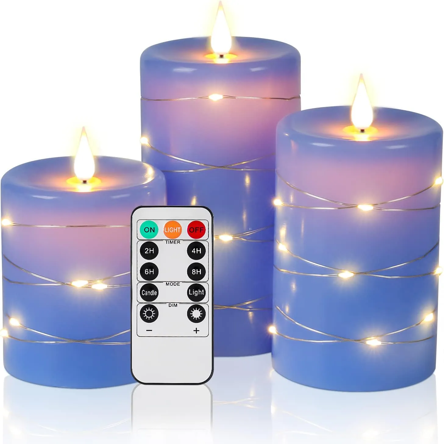 Da by Flameless Candles with String Lights，Battery Operated Candles,LED Flickering Candles with Remote Control and Timer, Real Wax, 3 Pack-Blue