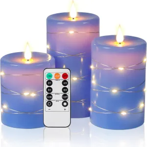 Da by Flameless Candles with String Lights，Battery Operated Candles,LED Flickering Candles with Remote Control and Timer, Real Wax, 3 Pack-Blue