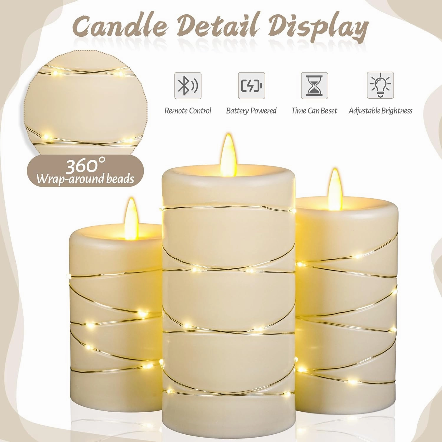 Da by Flameless Candle with Recessed Fairy Lamp, Dynamic Flame Candle Battery Powered with Timer & Remote Control 3-Piece Set