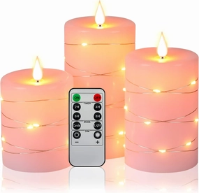 Da by Flameless Candles with String Lights，Battery Operated Candles,LED Flickering Candles with Remote Control and Timer, Real Wax, 3 Pack-Pink